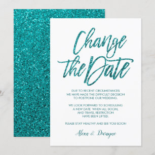 Glam Aqua Glitter Cancelled Postponed Wedding Invitation