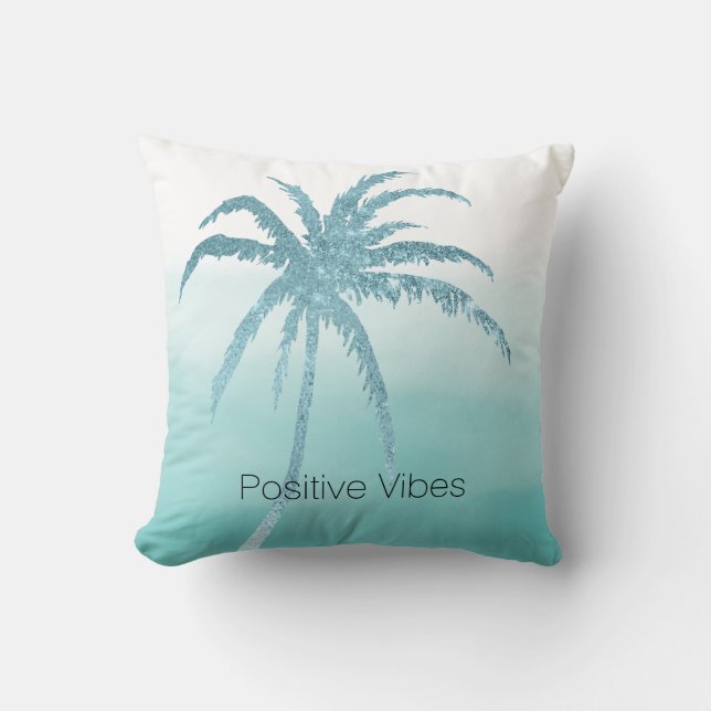 Glam Aqua Tropical Palm Tree Ombre  Throw Pillow (Front)
