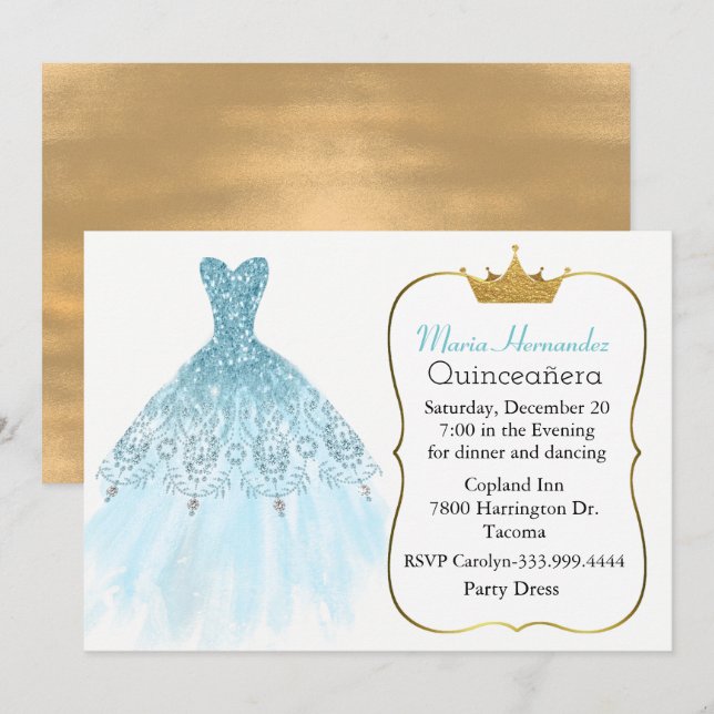 Glam Aquamarine Gown Quinceañera Invitation (Devant / Derrière)
