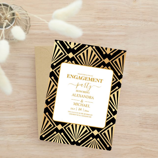 Glam Art Deco Black Gatsby 1920s Style Engagement Invitation (Creator Uploaded)