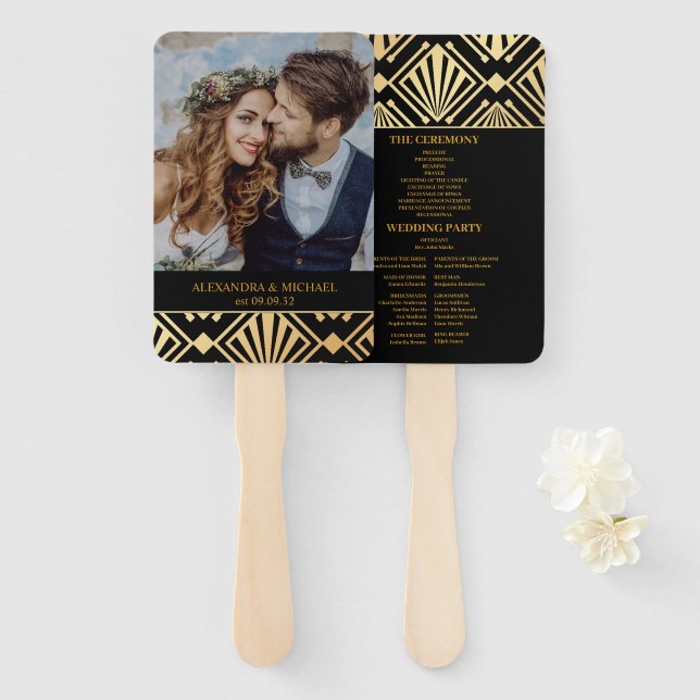 Glam Art Deco Black Gatsby 1920s Style Wedding Hand Fan (Front and Back)