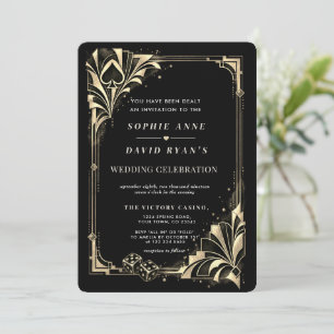 Glam Art Deco Casino Gold Black QR code Wedding Invitation