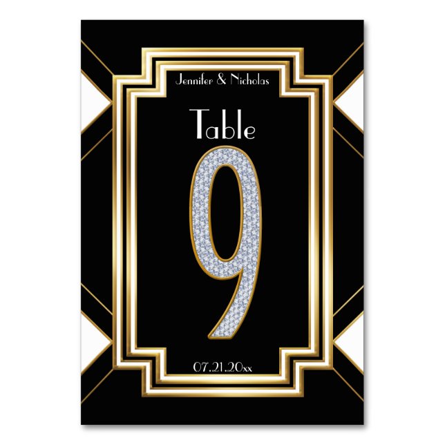 Glam Art Deco Diamond Wedding Table Number Nine (Front)