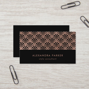 Glam Art Deco Pattern Faux Rose Gold on Black Business Card