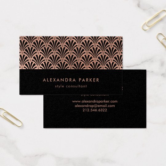 Glam Art Deco Pattern | Faux Rose Gold on Black Business Card