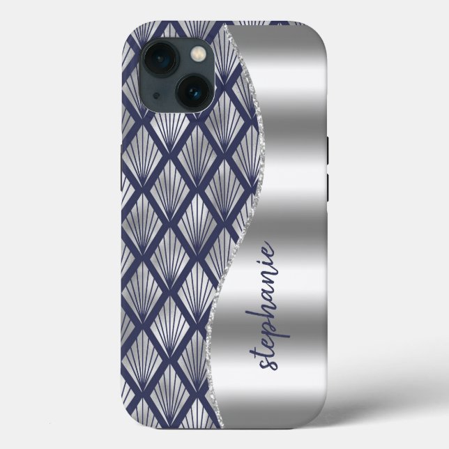 Glam Art Deco Pattern Silver Navy Blue Name Case-Mate iPhone Case (Back)