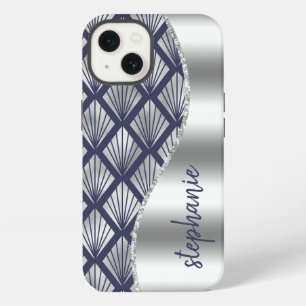 Glam Art Deco Pattern Silver Navy Blue Name iPhone 13 Case