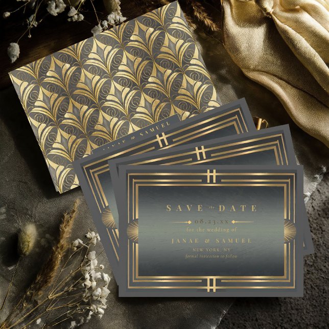 Glam Art Deco Wedding Black/Gold ID1033 Save The Date (Creator Uploaded)