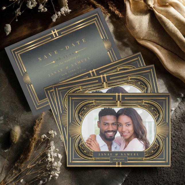 Glam Art Deco Wedding Photo Black/Gold ID1033 Save The Date (Creator Uploaded)