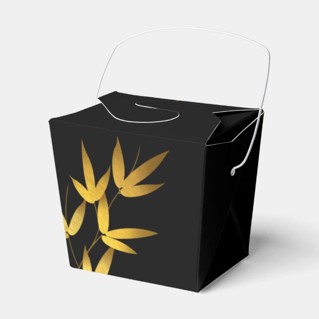 Glam Bamboo Leaves Gold Foil | black gold Favor Box (Front Side)