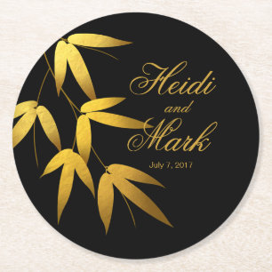 Glam Bamboo Leaves Gold Foil black Round Paper Coaster