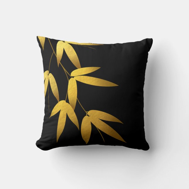 Glam Bamboo Leaves Gold Foil | black Throw Pillow (Front)