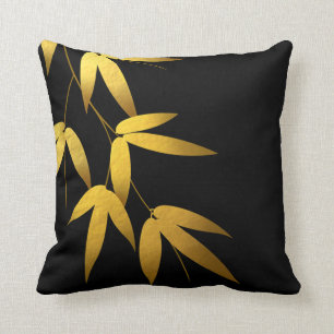 Glam Bamboo Leaves Gold Foil   black Throw Pillow