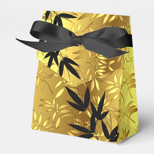 Glam Bamboo Leaves Gold Foil | gold black Favor Box (Front Side)