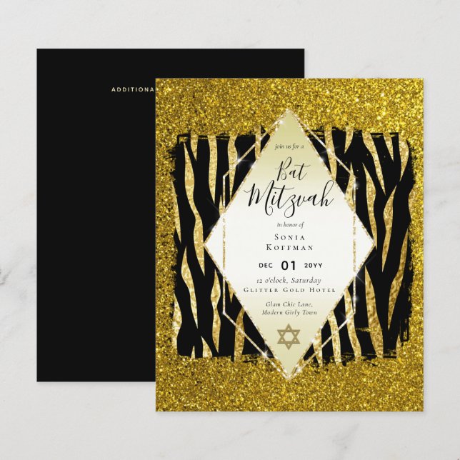 Glam BAT MITZVAH Girly GOLD Glitter Animal Print (Front/Back)