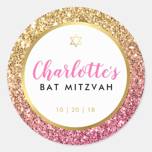 GLAM BAT MITZVAH modern luxe pink gold glitter Classic Round Sticker (Front)