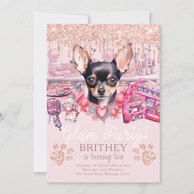 Glam Birthday Elegant Dog Glitter Invitation (Front)