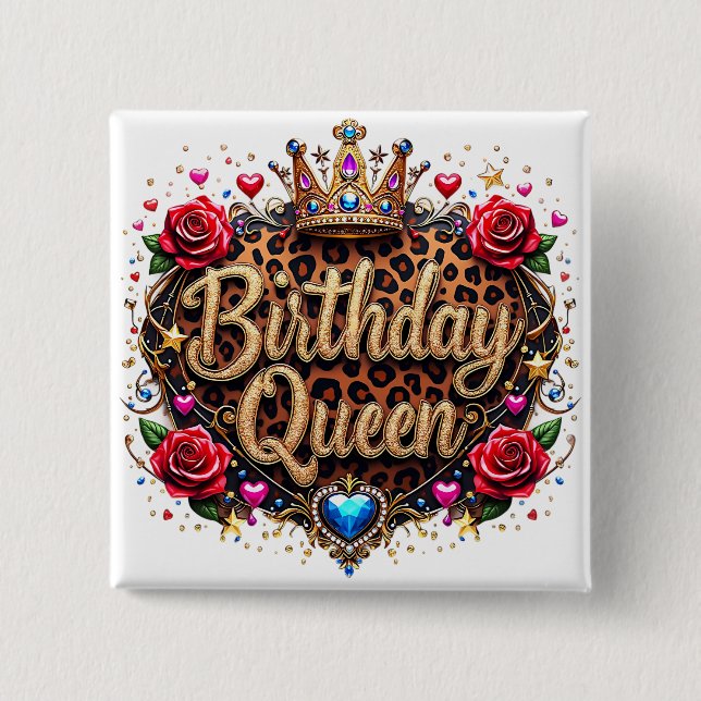Glam Birthday Queen Crown 2 Inch Square Button (Front)