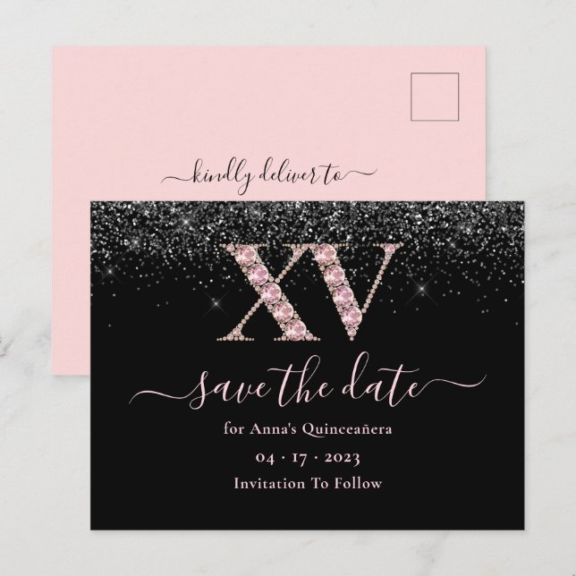 Glam Black And Pink Quinceanera Save The Date Postcard (Front/Back)