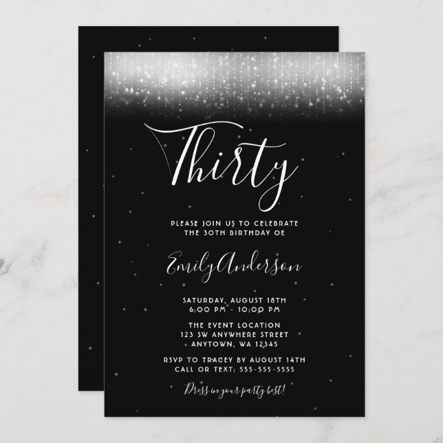 Glam Black and White 30th Birthday Invitation (Front/Back)