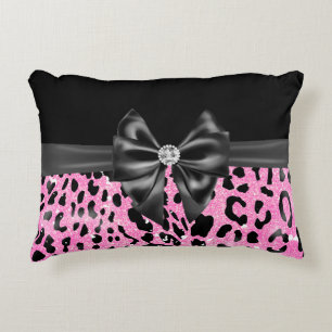 Glam Black Bow Diamond Pink Glitter Leopard  Accent Pillow