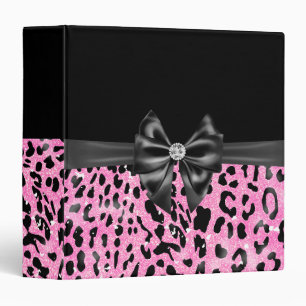 Glam Black Bow Diamond Pink Glitter Leopard  Binder