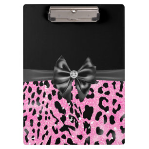 Glam Black Bow Diamond Pink Glitter Leopard  Clipboard
