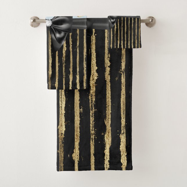 Glam Black Bow Gold Butterflies & Stripes Bath Towel Set (Insitu)