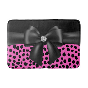 Glam Black Bow-Pink Leopard Print-Black Bath Mat
