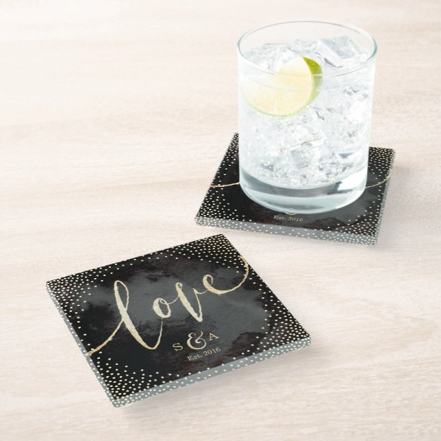 Glam black faux gold glitter calligraphy love glass coaster (Angled)