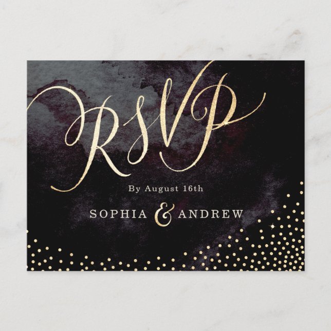 Glam black faux gold glitter calligraphy RSVP Invitation Postcard (Front)