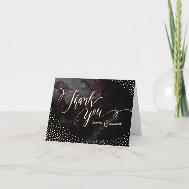 Glam black faux gold glitter calligraphy thank you card (Front)