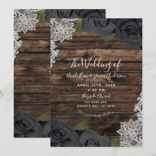 Glam Black Floral Roses Rustic Wood Lace Wedding Invitation