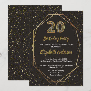 Glam Black Gold 20th Birthday Party Invitation