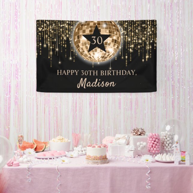 Glam Black Gold Disco Ball Happy 30th Birthday Banner (Party)