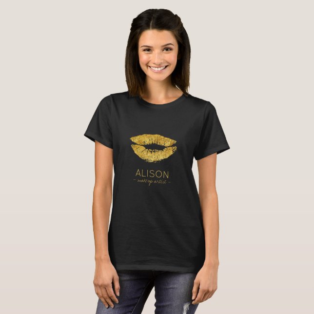 Glam black gold glitter big lips makeup artist T-Shirt (Front Full)