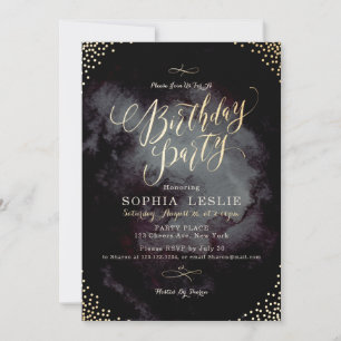 Glam black gold glitter calligraphy birthday party invitation