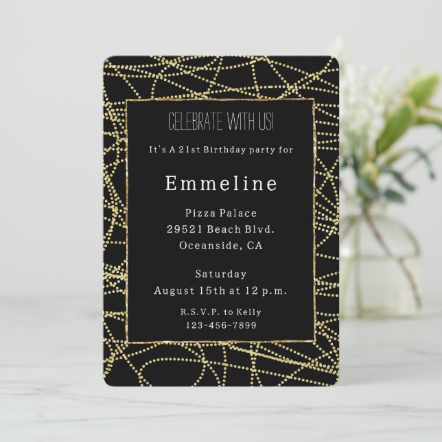 Glam Black Gold Glitter Glitzy Birthday   Invitation (Standing Front)