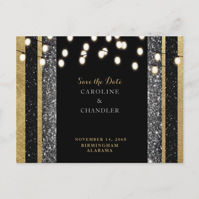 Glam Black & Gold Glitter Lights Save the Date Ann Announcement Postcard (Front)