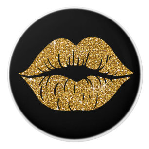 Glam Black Gold Glitter Lips Trendy Sparkle Ceramic Knob