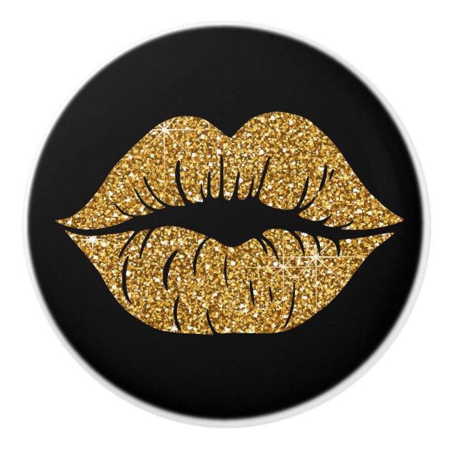 Glam Black Gold Glitter Lips Trendy Sparkle Ceramic Knob (Front)