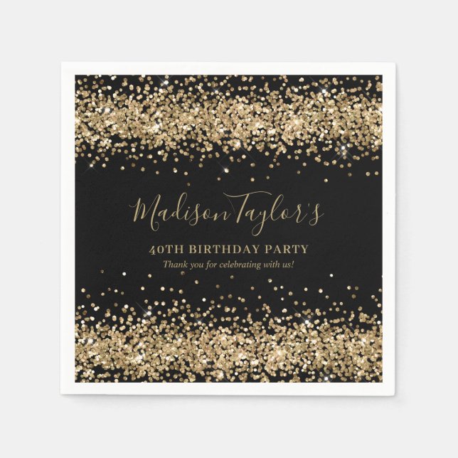 Glam Black Gold Glitter Sparkle Confetti Birthday Napkin (Front)
