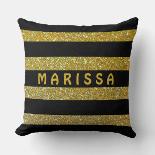Glam Black & Gold Glitter Sparkles Monogram Name  Throw Pillow
