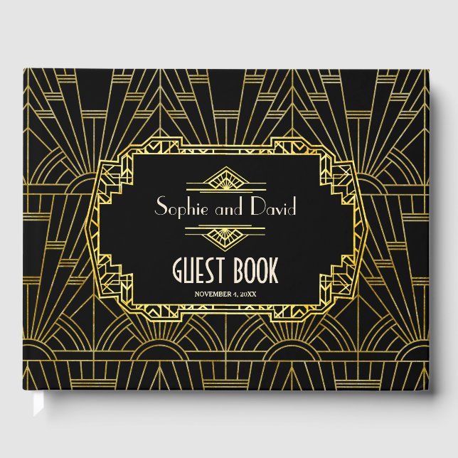 Glam Black & Gold Great Art Deco Wedding Guest Book (Front)