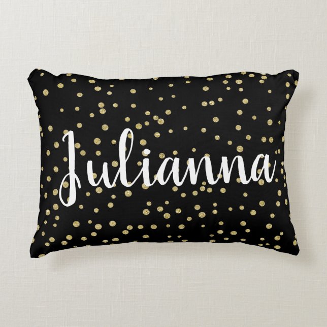 Glam Black Gold Holiday Dot Pattern Personalized Accent Pillow (Front)