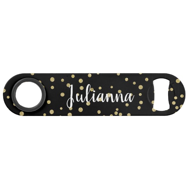 Glam Black Gold Holiday Dot Pattern Personalized Bar Key (Front (Horizontal))