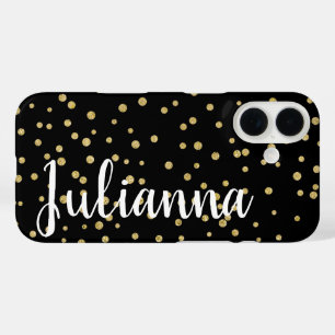 Glam Black Gold Holiday Dot Pattern Personalized iPhone 16 Case