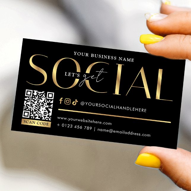Glam Black & Gold Let's Get Social Media QR Code Business Card (Trendy black and gold social media business cards with QR code and metallic gold effects)