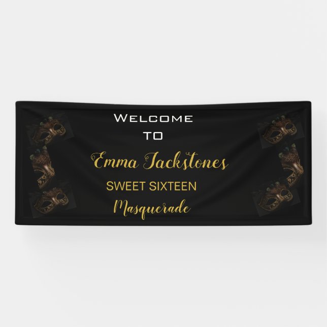 Glam Black & Gold Masquerade Birthday Welcome   Banner (Horizontal)
