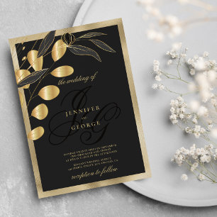 Glam black gold monogram initials floral wedding invitation